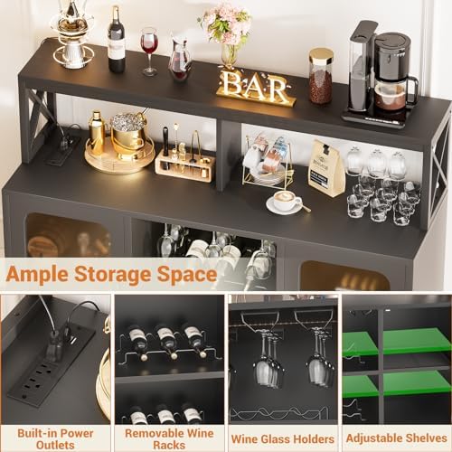 Aheaplus Bar Cabinet with Power Outlets, Liquor Cabinet with Led Lights and Glass Holder, Storage Buffet Cabinet Coffee Bar Cabinet for Liquor, Wine Cabinet with Racks -G2, Black - Image 4