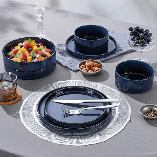 LIANYU Dinnerware Sets with Pasta Bowls, 8 Piece Ribbed Plates and Bowls for 2, Modern Ceramic Stoneware Dishes for Kitchen Dining, Microwave and Dishwasher Safe, Twilight Blue - Image 7