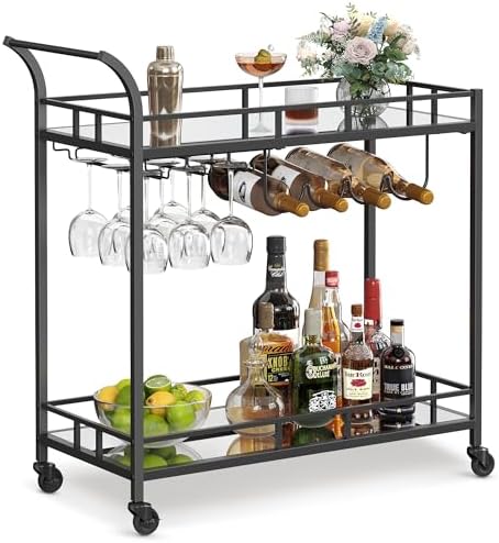 VASAGLE Bar Cart with 2 Mirrored Shelves, Wine Holders, Glass Holders by VASAGLEbySONGMICSHOME