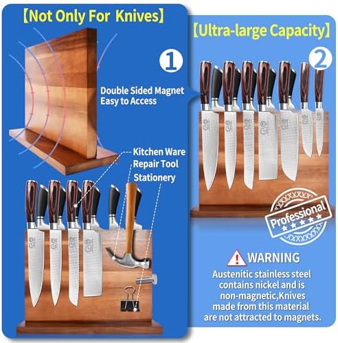 XYJ Extra Large Magnetic Knife Block Acacia Wood Knife Set Holder Stand With Stronge Magnetic Strip Kitchen Knives Storage Rack Organizer Tools No Drilling - Image 4