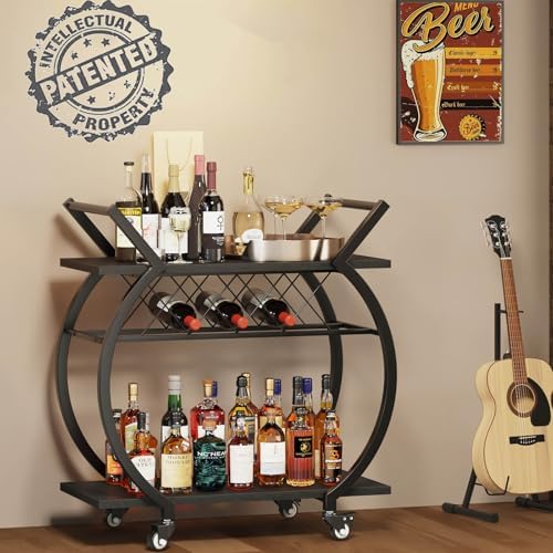 LVB Black Bar Cart with Wheels, Industrial Wine Cart with Storage for Home - Image 3