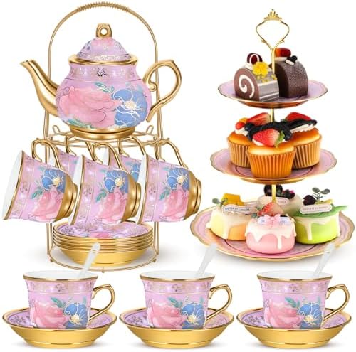 21 Pcs Porcelain Tea Set with 3 Tier Dessert Stand, Purple, Delicate by Suttmin