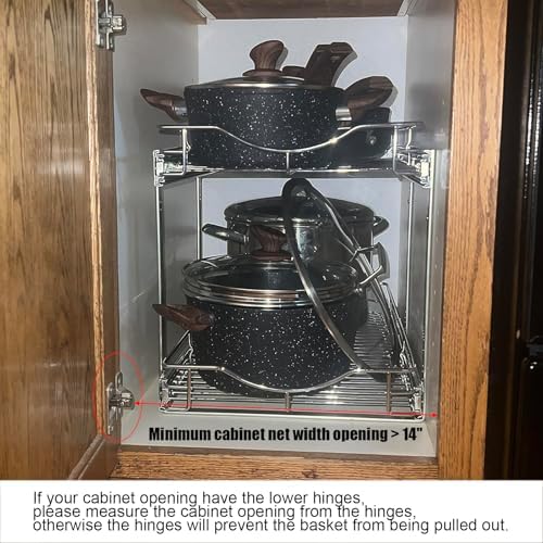 DINDON 2 Tier Pull Out Cabinet Organizer (14" W X 18" D), Double Tier Wire Basket Slide Out Shelf Storage for Kitchen Base Cabinet Organization ​for Kitchen, Pantry, Bathroom, Chrome - Image 3
