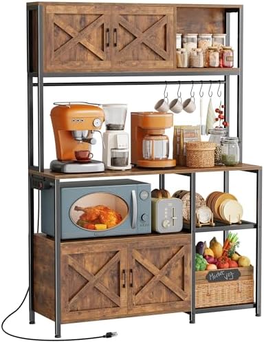 Huuger Large Bakers Rack with Power Outlet, Kitchen Microwave Stand with Cabinets, Coffee Bar Table Station with Storage, 6 S-Shaped Hooks, Mesh Shelves, 45 Inch Wooden Top, Rustic Brown by Huuger