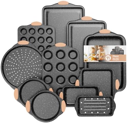 11-Piece Baking Pans Set, Nonstick Bakeware Sets, Oven Pans, Khaki&Black by SlowSLog