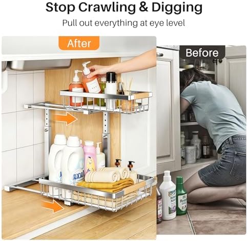 PXRACK Under Sink Organizer, Adjustable Height, 2 Tier Pull Out Cabinet Organizer, Slide Out Thickened Metal Storage for Kitchen Bathroom Laundry Pantry Cabinet, Stainless Steel, Silver, Large-2-Pack - Image 4