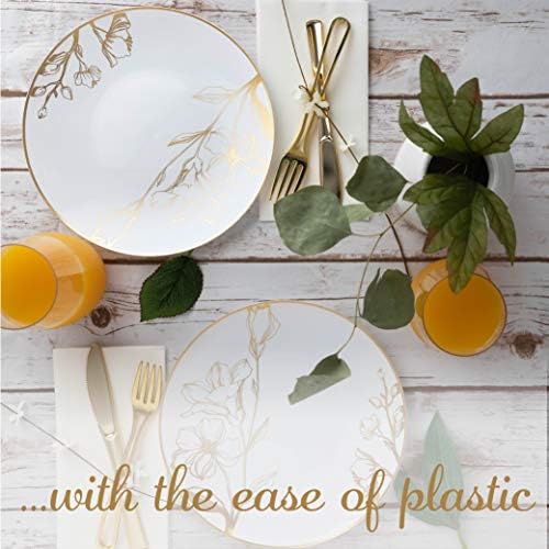 [9'' Plates 40 Count] White Plastic Floral Design Party Dinner Plates With Gold Rim Premium heavyweight Elegant Disposable Tableware Dishes - Image 5