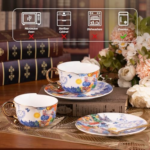 KAMMAK Tea Cups and Saucers Set of 2, Fine Bone China Coffee Cups, 584N - Image 3
