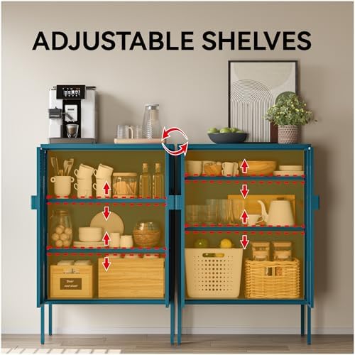 COFaR Peacock Blue Metal Cabinet, 47”H Modern Sideboard with Adjustable Shelves, Stylish Coffee Bar & Buffet Storage for Dining Room, Kitchen, Ventilated Metal Organizer with Magnetic Doors - Image 5