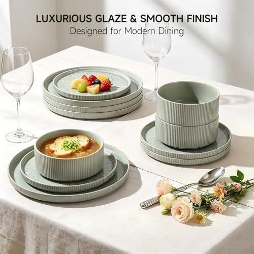 Stoneware Dinnerware Sets for 4, 12-Piece Plates and Bowls Set, Light Green - Image 2