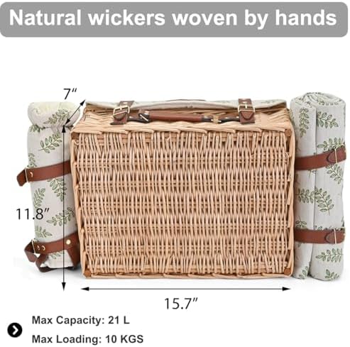 Multifunctional Wicker Picnic Basket Set for 4 with Blanket and Picnic Table, Insulated Picnic Set with Full Tablewares for Camping Outdoor Couples,Leaf - Image 3