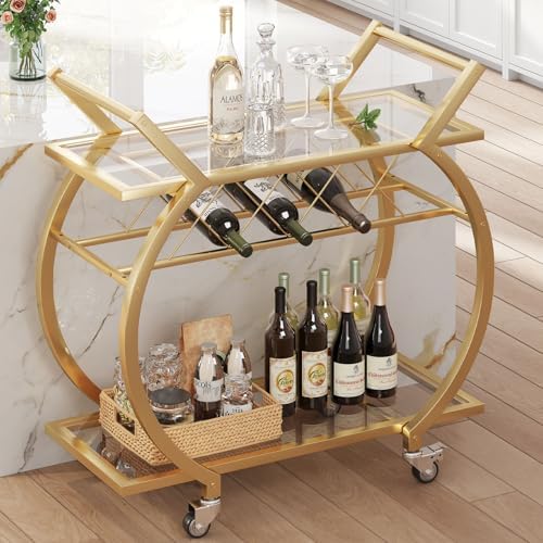 LVB Gold Bar Cart with Glass, Bar Cart with Wheels, Wine Cart with Storage by LVB