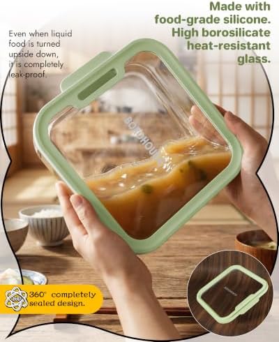 4-Pack Glass Food Storage Containers with Tempered Lids – Borosilicate, Airtight, Oven-Safe (-4°F~950°F), BPA-Free, 1Cup*2 & 2.3Cup*1 & 5.7Cup*1(Olive green) - Image 2