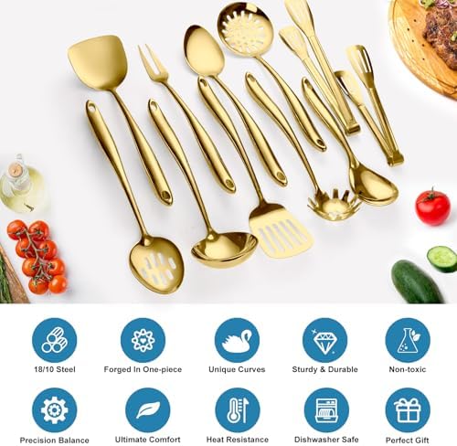 304 Gold Stainless Steel Cooking Utensils Set, 11 PCS Long Large Metal Cooking Utensil Tools Set with Fork, Spatulas, Spoons, Skimmer, Ladle, Pasta Server, Tongs - Image 3