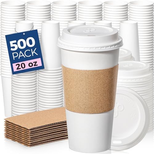 Fit Meal Prep 500 Pack 20 oz Disposable Coffee Cups with Lids, Sleeves, Leak-Proof To Go Coffee Cups with Lids, Durable Hot Paper Cups for Home, Office, Party, Business by FMPBRANDS
