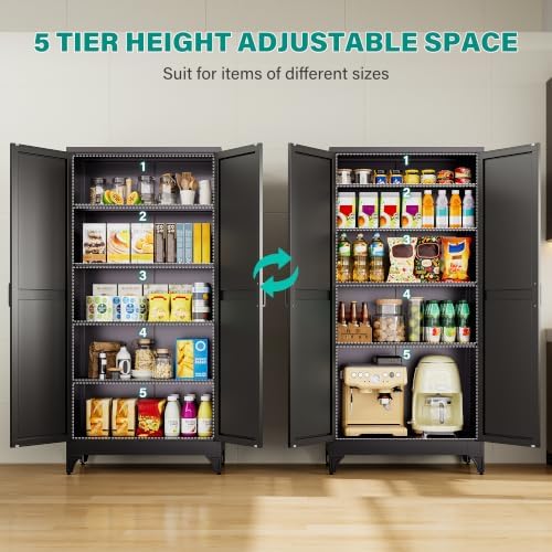 SISESOL 75" Tall Pantry Cabinet,Wide & Deep Farmhouse Kitchen Pantry Storage Cabinets with 2 Doors and 5 Shelves,Black Metal Storage Cabinet,Large Cupboard for Home,Kitchen,Dining/Living Room - Image 6