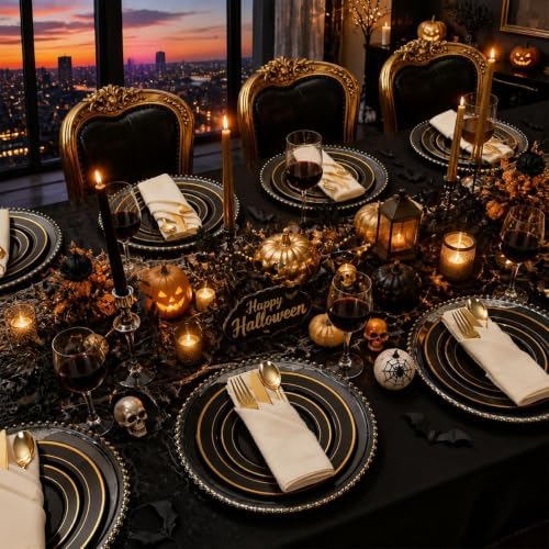 WDF Partyware 175PCS Black and Gold Plates - Halloween Disposable Plates for Party - 25Guests Disposable Dinnerware Set for Wedding/Party/Birthday/Halloween - Image 2