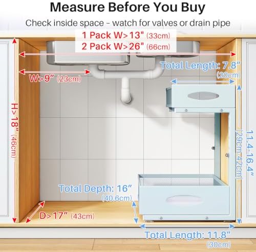 Under Sink Organizer, 2 Pack 2 Tier Pull Out Under Cabinet Organizer Shelf with Pad for Framed Cabinets, Metal Slide Out Under Sink Storage, Mesh Sliding Drawers for Kitchen Bathroom Laundry, Blue - Image 2