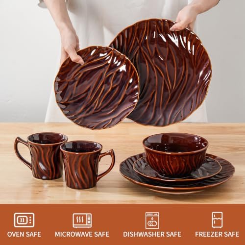 Ceramic Dinnerware Sets for 6, 24 pcs Plates and Bowls Sets, Reactive Glaze Ceramic Dish Set, Scratch Resistant, Microwave & Dishwasher Safe, Highly Chip and Crack Resistant Dishware sets, Rust Brown - Image 3