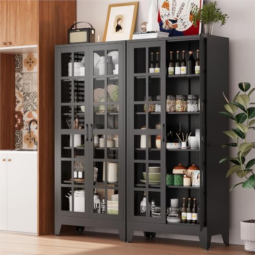 COFaR 71" Black Metal Pantry Cabinet with Glass Doors for Living Room by COFAR