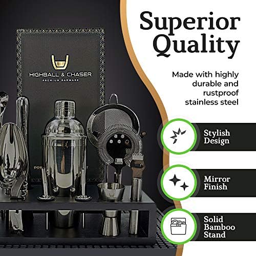 Highball & Chaser 13-Piece Cobbler Cocktail Shaker Set: Black Polished Stainless Steel Bartender Kit for Home Bar Set | Laser Engraved Tools Plus E-Book with 30 Recipes - Image 2