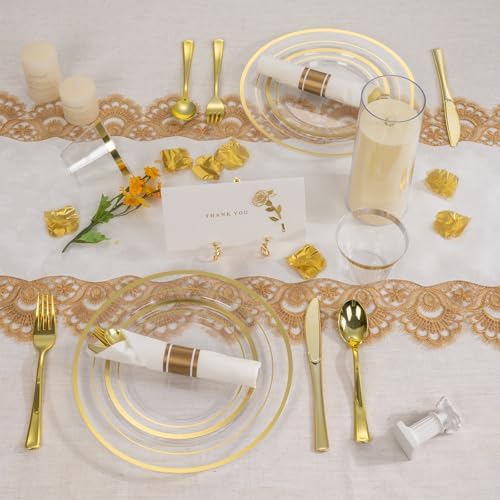 realluck 350PCS Clear Gold Plastic Dinnerware Set for 50 Guests, Disposable Party Plate for Wedding Party, Include: 100 Plastic Plates, 50 Pre Rolled Napkins with Silverware, 50 Cups - Image 6