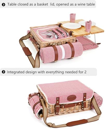 Multifunctional Wicker Picnic Basket Set for 2 with Blanket and Picnic Table, Insulated Picnic Set with Full Tablewares for Camping Outdoor Couples, Gingham - Image 3