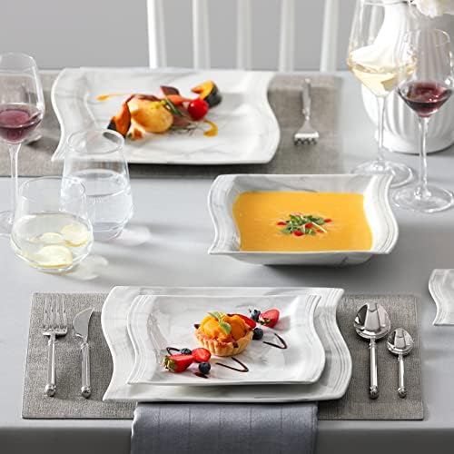 MALACASA Plates and Bowls Sets, 30 Piece Porcelain Dinnerware Sets for 6, Square Dinnerware Set with Dinner Plate, Dessert Plate, Soup Plate, Cup and Saucer, Modern Dish Set, Marble Grey, Series Flora - Image 6