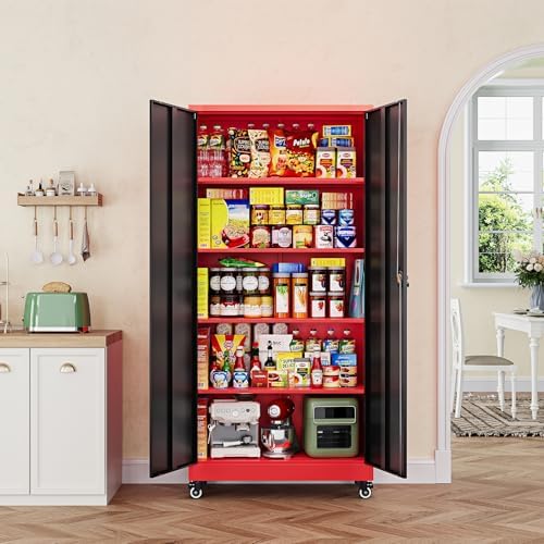 Letaya Metal Garage Storage Cabinets with Lock Door and Adjustable Shelves, Steel Tool Cabinets for Home,Office,Warehouse Organisieren (Black Red, 74.41" H) - Image 2