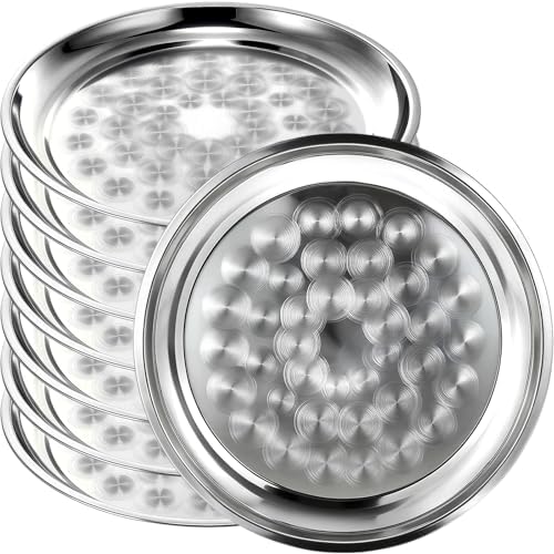 8 Pack Stainless Steel Round Silver Serving Tray Bulk, 14 Inch by Acellegic