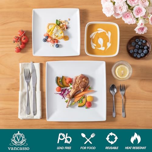 vancasso Soho Dinnerware Sets 12 Pieces, White Stoneware Square Place Setting, Dinner Plate, Dessert Plate, Bowls Service for 4 - Image 3