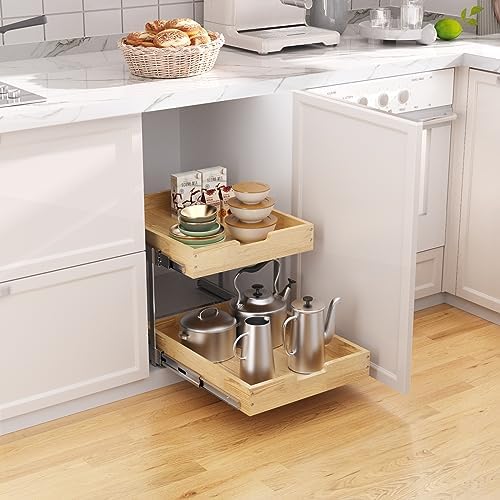 Sikarou Wood Pull Out Cabinet Organizer 2 Tie 14" W x 21" D, Heavy-Duty Sliding Drawers for Inside Cabinets Storage and Organization for Kitchen, Pantry, Bathroom - Image 4