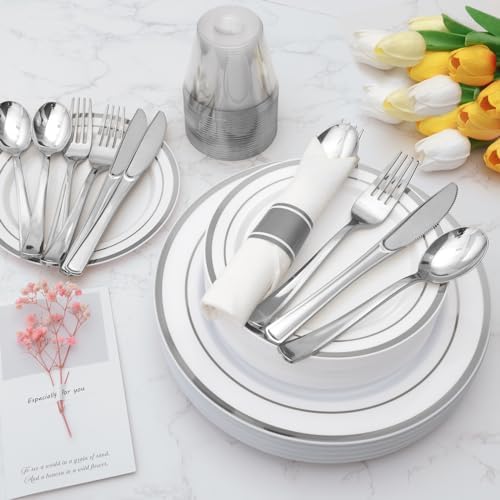Goodluck 700 Piece Silver Plastic Dinnerware Set for 100 Guests - Image 5