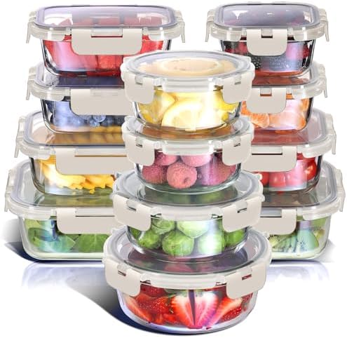 Nestl 24pc Glass Storage Containers with Lids, 12 Glass Food Storage Containers with 12 Airtight Lids for Pantry & Kitchen, Meal Prep Containers for Lunch, Oven Microwave & Dishwasher Safe, Cream by Nestl