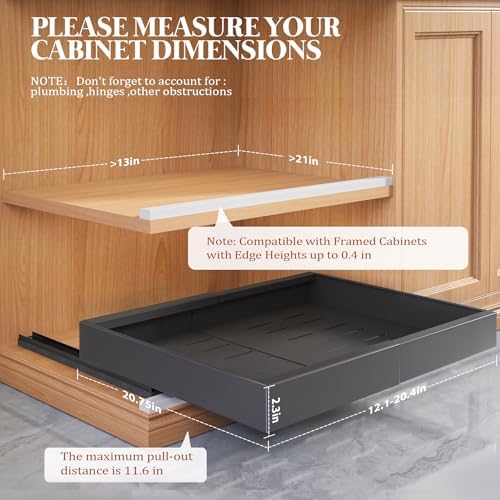 Seinloes 6 Pack Expandable Pull Out Cabinet Organizer 21"Deep With Raising Pad for Framed Cabinets,Upgrade 3 Slide Rails Slide Out Drawers,No Drill Roll Out Shelves,Adjustable Width 12.1"-20.4" Black - Image 3