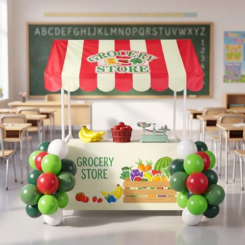 SmoothNovelty Grocery Store Stand Pretend Play Grocery Store Locally Grown Farmers Market Fruit Vegetable Party Decor with Shelf Banner Roof Balloons for Locally Grown Baby Shower Dramatic Play Stand - Image 5