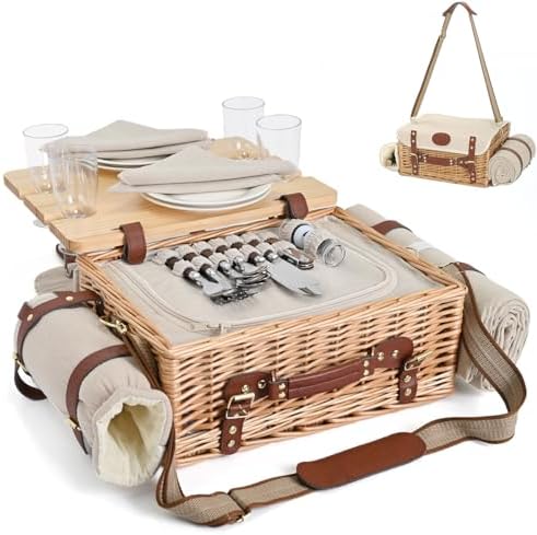 Multifunctional Wicker Picnic Basket Set for 4 with Blanket and Picnic Table, Insulated Picnic Set with Full Tablewares for Camping Outdoor Couples,Natural by SatisInside