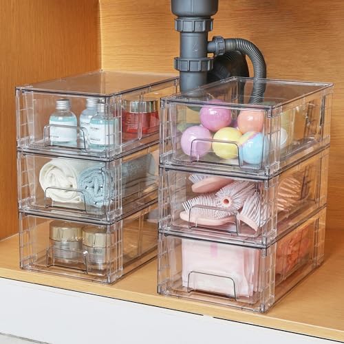 Vtopmart 6 Pack Stackable Storage Drawers,Clear Acrylic Drawer Organizers with Handles, Easily Assemble Containers for Fridge, Bathroom,Kitchen Undersink,Cabinet,Pantry Organization and Storage - Image 2