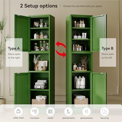 YAUWOH 2-Door Metal Storage Cabinet, Tall Slim Pantry Organizer with 3 Adjustable Shelves (120LBS/Shelf), Anti-Tipping Waterproof Cabinet for Bathroom/Kitchen/Home Office/Small Spaces,(1PC,Green) - Image 4