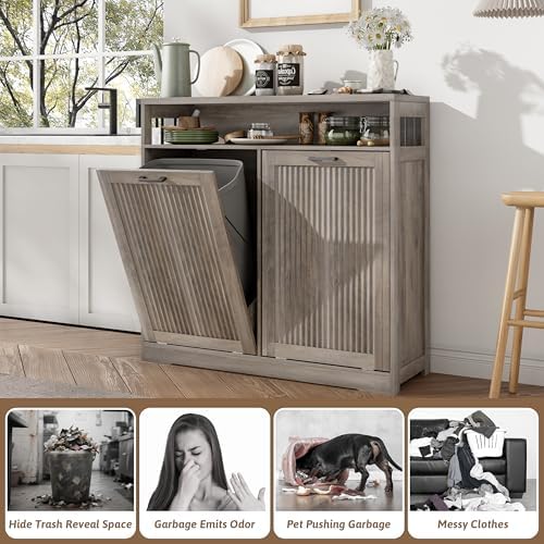 Pet-Proof Double 13 Gallon Tilt Out Trash Can Cabinet with Open Storage – Hide Garbage & Recycling Bins to Keep Your Kitchen Clean and Organized,Wood Grey - Image 6