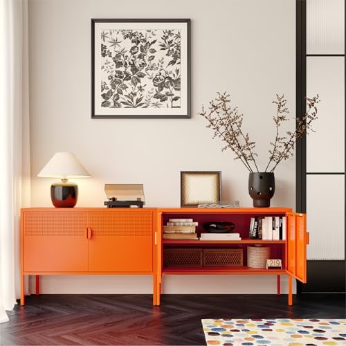 COFaR TV Stand for TVs up to 75 Inch, 40''L Media Console with Ventilation Doors, Metal Entertainment Center with Adjustable Shelves & 120Lbs Storage for Living Room & Bedroom, Orange - Image 4