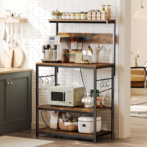 SUPERJARE Bakers Rack with Power Outlets, Microwave Stand, 31.5 X 16.5 Inch Larger Desktop, Kitchen Storage Rack with Adjustable Middle Shelf, 6 S-Shaped Hooks, Coffee Bar Stand, Rustic Brown - Image 2