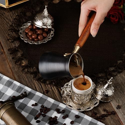 DEMMEX Turkish Greek Arabic Coffee Making and Serving Full Set with Cups Saucers Lids Sugar Bowl Tray and Copper Coffee Pot, 12 Pcs - Image 5