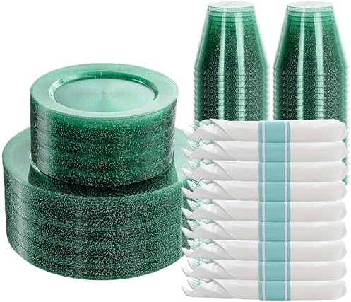 DaYammi 210PCS Green Glitter Plastic Dinnerware Set for 30 Guests by DaYammiwillaccompanyyou