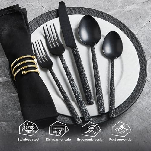 60 Pcs Black Hammered Silverware Set for 12, 18/10 Stainless Steel Flatware - Image 3