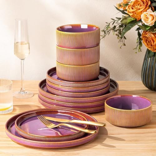GBHOME Stoneware Dinnerware Sets for 4, 12-Piece Plates and Bowls Set by GBhome
