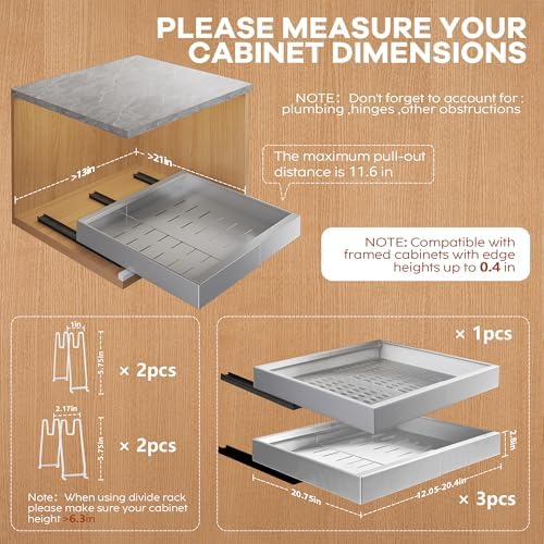 Seinloes 4 Pack Expandable Pull Out Cabinet Organizer 21"Deep With Raising Pad for Framed Cabinets,Slide Out Drawers With 4pcs Divider Racks,No Drill Roll Out Shelf,Adjustable Width 12.05"-20.4"Silver - Image 4
