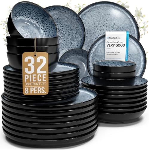 32 Piece Stoneware Dinnerware Set for 8, Handcrafted Plates and Bowls Set by PURELIVING