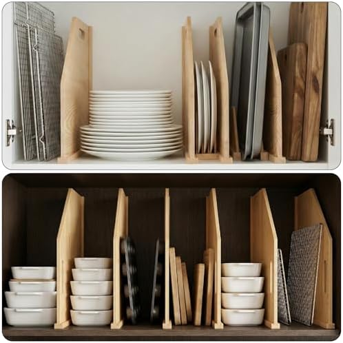 6 Pack Solid Wood Tray Dividers for Cabinet, Cookie Sheet Organizer for Cabinets, Baking Sheet Organizer, No-Cut Kitchen Cabinet Dividers, Cookie Trays for Kitchen, Pantry Storage (12, Pounds) - Image 4
