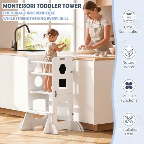 Toddler Standing Tower Anti-Tip Wooden Kitchen Step Stool Helper，White - Image 4